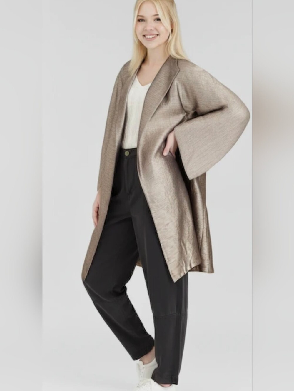 Eileen Fisher Silk Metallic Bronze Open-Front Coat